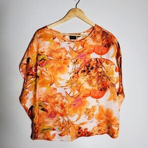 Tribal Floral orange & yellow tunic top sleeveless lightweight satin  Size 14